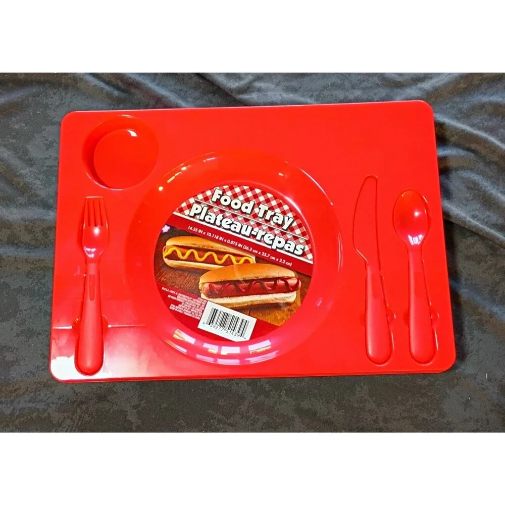 6 Pack Reusable Red Plastic Food Trays w/ Built-In Plate Area & Cutlery
